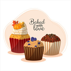 Cupcake. Baked with love. Three decorated muffins with cream, ice cream. For menus, posters, postcards, banners of cafes