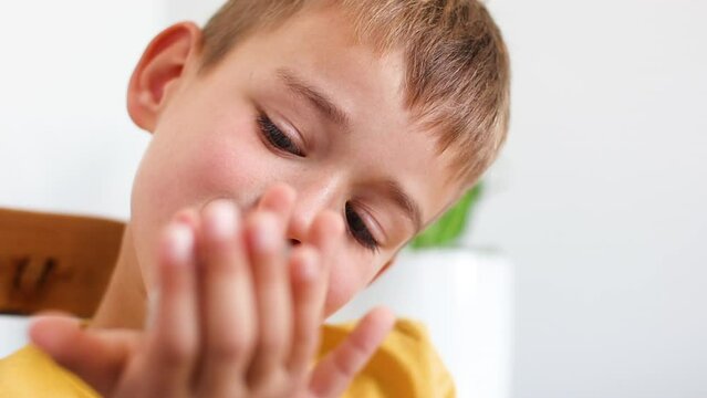 Boy playing with hamster at home, holding rodent in his hands