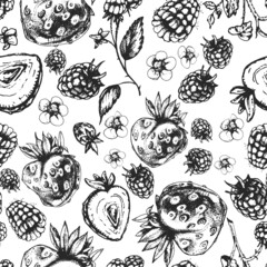 raspberries, strawberries, berries, seamless pattern raspberries, strawberries, berries, seamless pattern, hand drawing, graphics