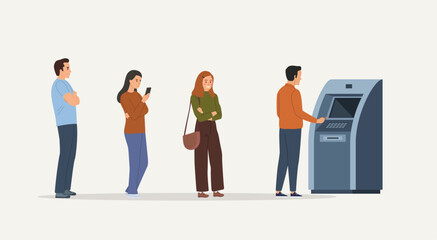 People standing in line to atm machine.  Vector flat style cartoon illustration - obrazy, fototapety, plakaty