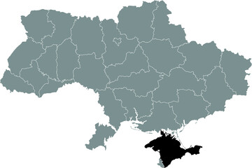 Black flat blank highlighted locator map of the Ukrainian administrative area of CRIMEA inside gray flat map of UKRAINE