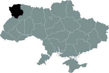 Black flat blank highlighted locator map of the Ukrainian administrative area of VOLYN OBLAST inside gray flat map of UKRAINE