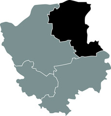 Obraz premium Black flat blank highlighted location map of the KAMIN-KASHYRSKYI RAION inside gray raions map of the Ukrainian administrative area of Volyn Oblast, Ukraine