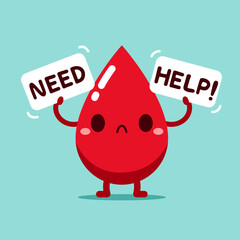 Sad Red blood drop ask for need help. Vector illustration flat cartoon design. blood donation concepth. - obrazy, fototapety, plakaty