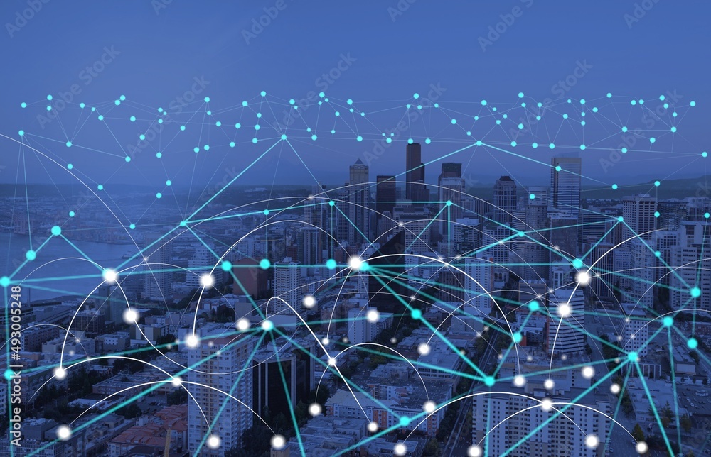 Poster big data connection technology. network concept. smart city and digital transformation.