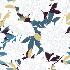 Vector floral seamless pattern with peonies. White peonies, blue and beige leaves. 