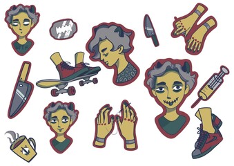 Set of stickers about depression. Knife, blade, syringe, needle, skate