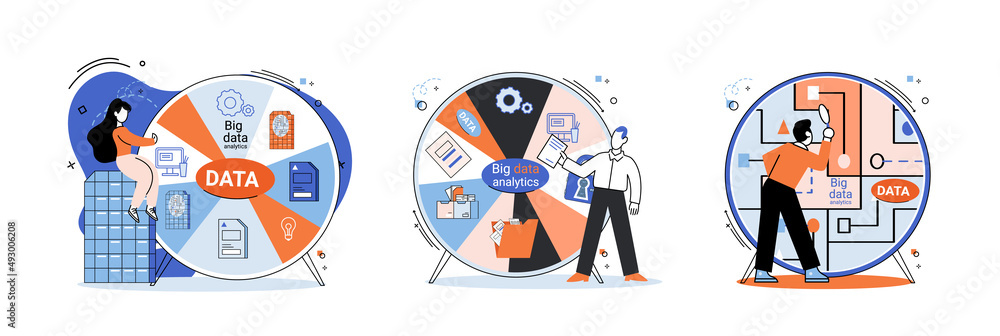 Poster big data analytics platform, data management and protection creative metaphor set abstract concept. 