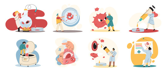 Fototapeta premium Antivirus vaccine. Scientists conducting scientific researches, laboratory assistants test tubes working in medical lab researchers making chemical experiments test liquids and equipment. Virus in lab