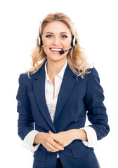 Call center. Smiling female support phone operator in headset, in confident suit, cross arms pose,...