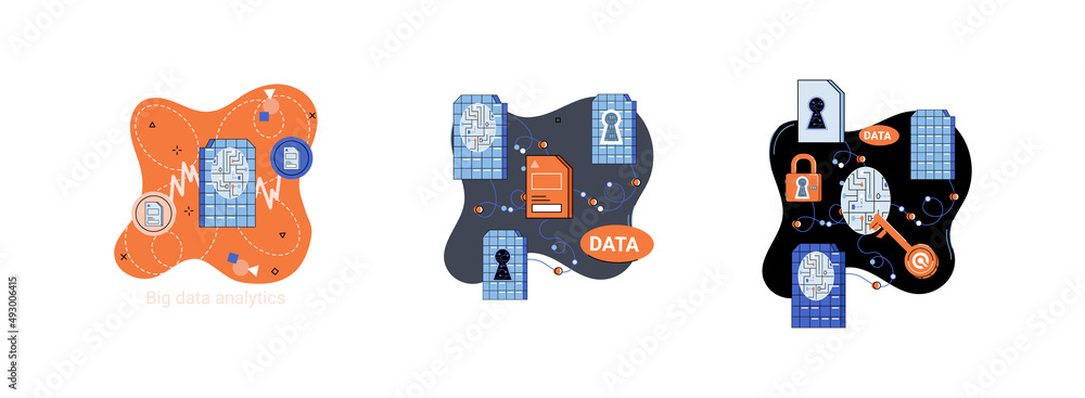 Poster big data analytics platform, data management and protection creative metaphor set abstract concept. 