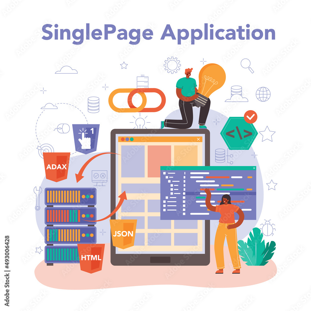 Poster front end developer concept. single-page app interface design improvement