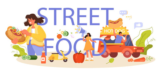 Obraz na płótnie Canvas Street food typographic header. Unhealthy hot dog cooking, american