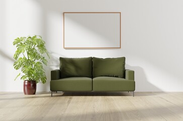 modern living room with green sofa and monstera plant with poster frame on wall,3d illustration