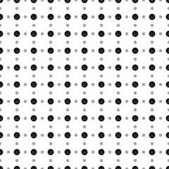 Square seamless background pattern from geometric shapes are different sizes and opacity. The pattern is evenly filled with black depression symbols. Vector illustration on white background