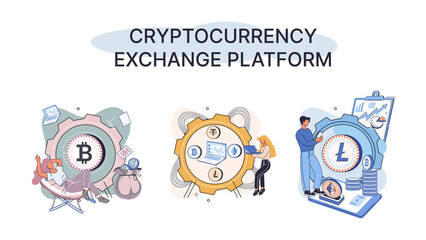 Cryptocurrency exchange and blockchain. Bitcoin wallet, Ethereum exchange platform to trade digital money, investment technology. Online money market, finance trading. Ecurrency transactions