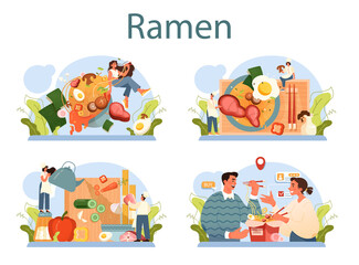 Ramen noodles set. Traditional Japanese food, bowl of soup with meat