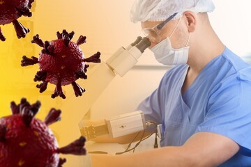 Omicron virus research. Virologist with microscope. COVID-19 bacteria molecule