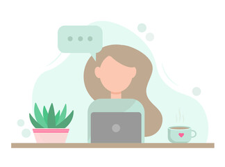 Female character working with laptop. Girl with a laptop. illustration in flat style. Concept illustration for working, freelancing, studying, education, work from home.