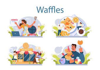 Waffles set. Sweet Belgian pastries with cream topping and fruits.