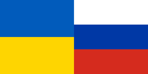 Ukrainian and russia flag with Pray to Ukraine. Ukrainian national borders. No war. Save Ukraine. Vector illustration, flat design