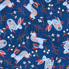 Blue Folk Rabbits with Botanicals Vector Seamless Pattern