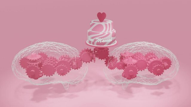 Just Married Wedding cake spinning above gear wheels of 3D human brains. Loop of conceptual marriage 3D render animation.