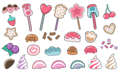 Set of decorative elements  cupcakes and bakery items for kindergarten, nursery, stickers, pillow designs, paper patterns, art for kids, craft, diy, scrapbook, and more.