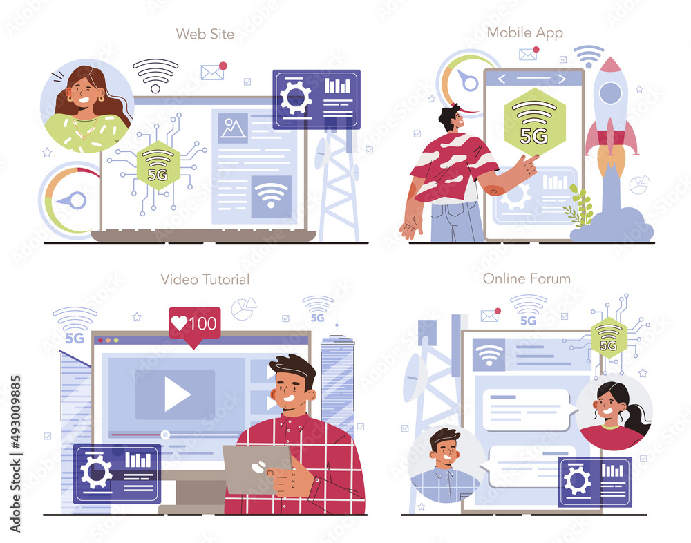 Poster 5g network architect online service or platform set. 5g wireless network
