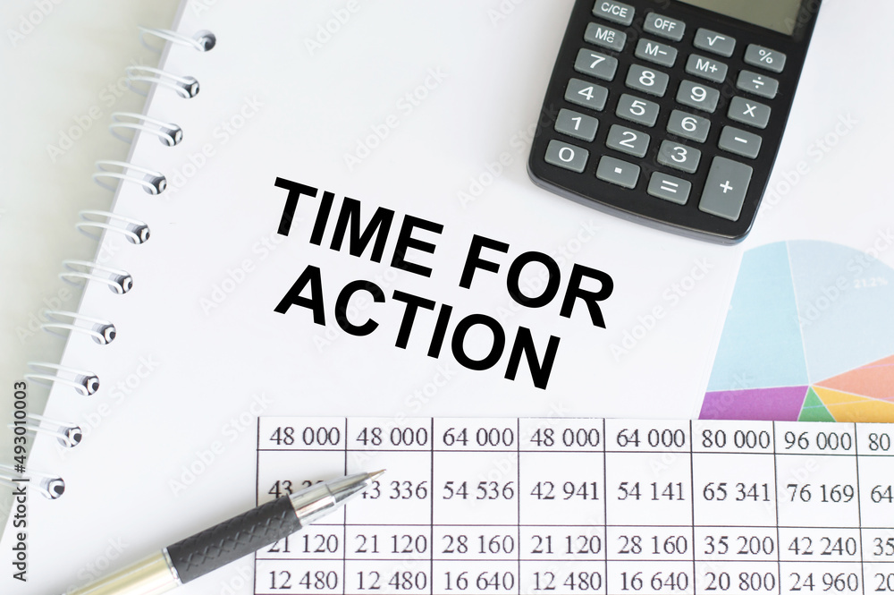 Poster stickers with chart,calculator and paper with text time to action on white background