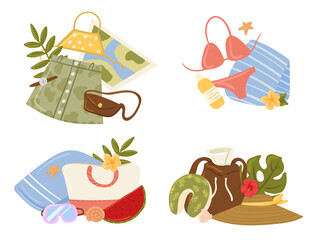 Travel stuff. Various luggage bags, suitcases, cosmetics, clothes. Collection of items for vacation or journey decorated by tropical leaves, shells and flowers isolated