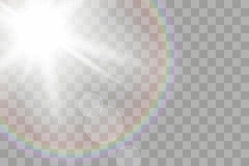 Shining sun glare rays, lens flare vector illustration with a rainbow. Sunlight glowing png effect. White beam sunrays sky background