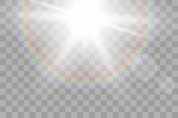 Shining sun glare rays, lens flare vector illustration with a rainbow. Sunlight glowing png effect. White beam sunrays sky background