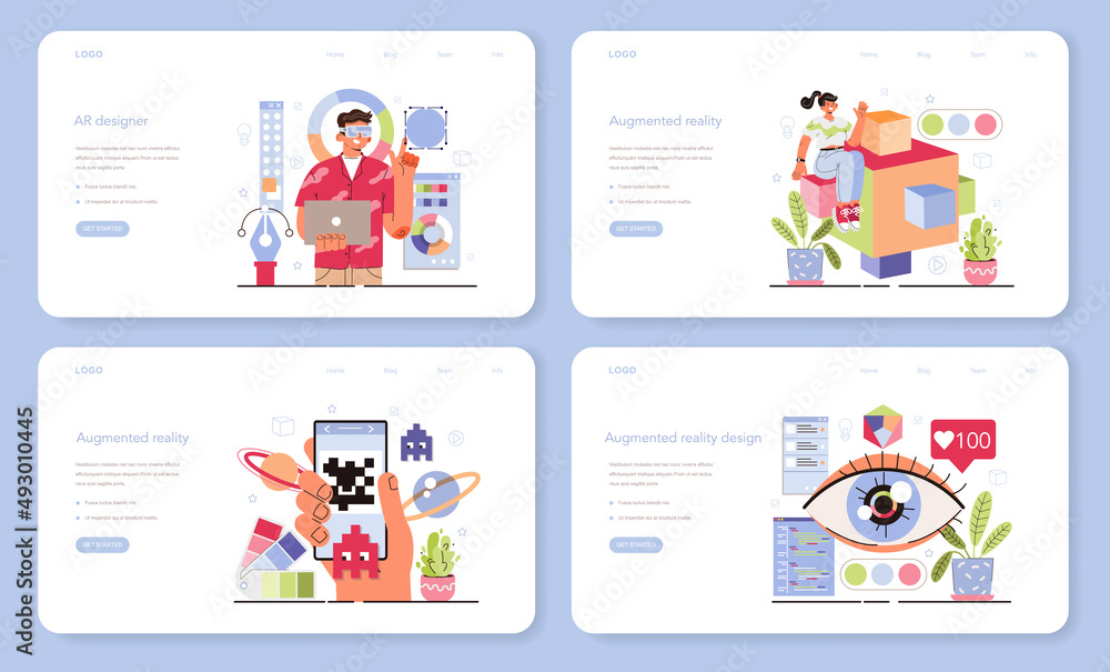 Poster ar designer web banner or landing page set. augmented reality visual development