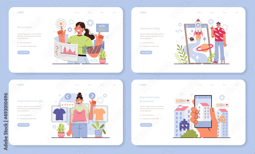 Aufkleber ar developer web banner or landing page set. augmented reality software