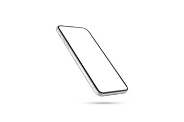 side view, frame of white smartphone mockup blank screen isolated on white background