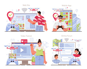 Drone technology online service or platform set. Innovative aerial