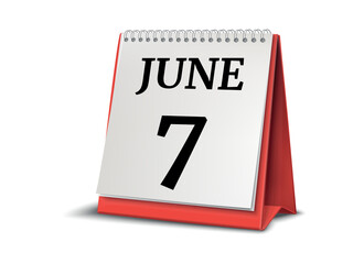 Calendar on white background. 7 June. 3D illustration.