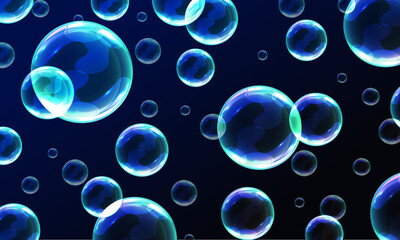 Set of realistic transparent colorful soap bubbles with rainbow reflection. Soap bubbles foamy realistic with rainbow colors in an isolated transparent background.
