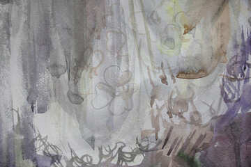 Light and shadow background. Subtlety lace. Vintage curtain wallpaper. Aquarelle paint on paper texture. Implicit smudges and brush strokes surface. Ecological concept.
