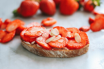 French toast with fruits isolated on white. Closeup view, selective focus
