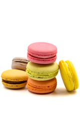 Macaroon dessert isolated on white background. Colorful macarons. close up
