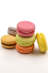 Macaroon dessert isolated on white background. Colorful macarons. close up