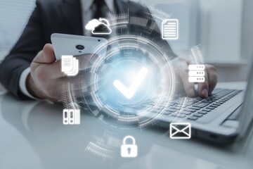 Businessman holding laptop with virtual document and mark correct sign