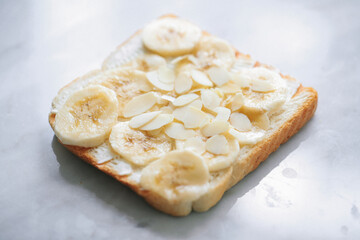 French toast with fruits isolated on white. Closeup view, selective focus
