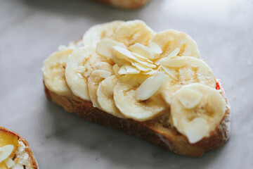 French toast with fruits isolated on white. Closeup view, selective focus
