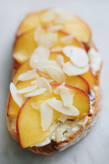 French toast with fruits isolated on white. Closeup view, selective focus
