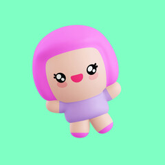 Funny little kawaii character. Cartoon cute girl 3d render illustration on blue backdrop