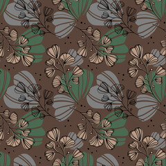 Vector floral seamless pattern with abstract flowers and herbs on a dark brown background.
Vector illustration for fabric.