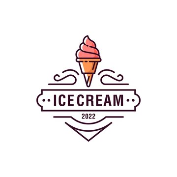 premium classic ice cream scoop badge hipster logo icon in trendy cartoon elegant line style 